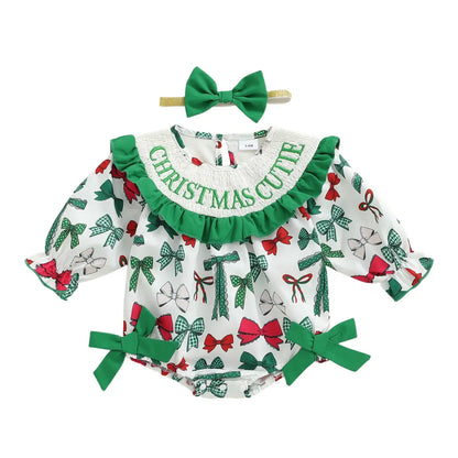 Christmas Baby Girl Plaid Romper Dress & Bow Headband Set army green / 6-12 Months / United States