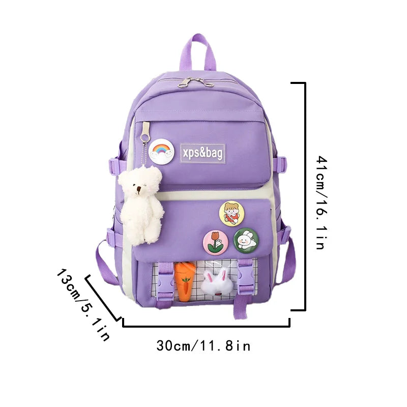 Four Piece Backpack With Teddy Bear Pendant