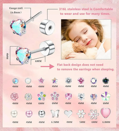 24-Pair Stainless Steel Screw Back Stud Earrings Set for Women & Girls