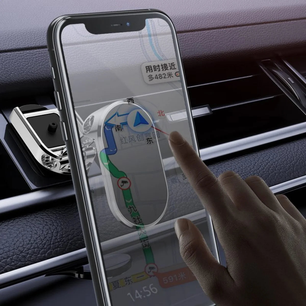 Magnetic car phone mount with 360 rotating design.