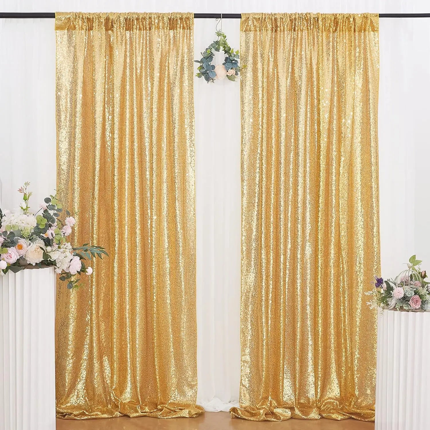 Gold Sequin Backdrop Curtains 4-Pack – 2×8FT Glitter Panels for Events
