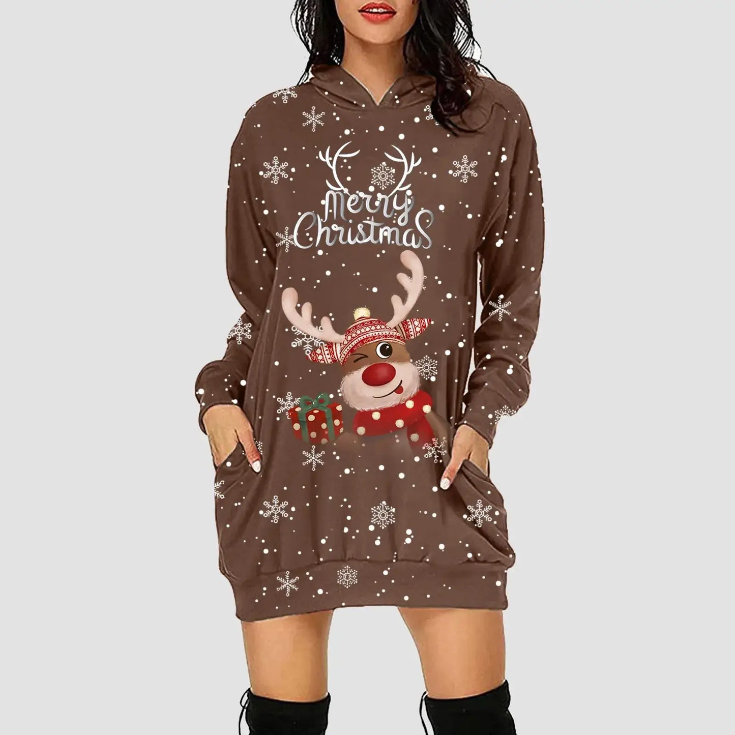 Women & Girls Christmas Sweatshirt Dress – Snowflakes & Reindeer Print, Long Sleeve Coffee / L / United States