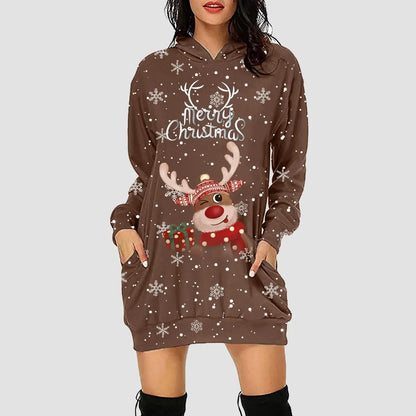 Women & Girls Christmas Sweatshirt Dress – Snowflakes & Reindeer Print, Long Sleeve Coffee / L / United States