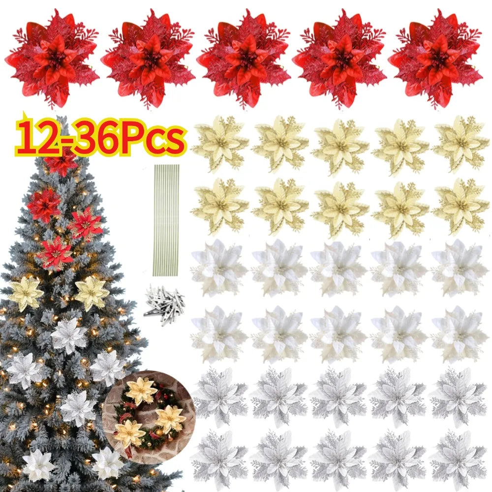 Glitter Poinsettia Christmas Tree Ornaments – 12/24/36PCS Red / 12pcs / United States