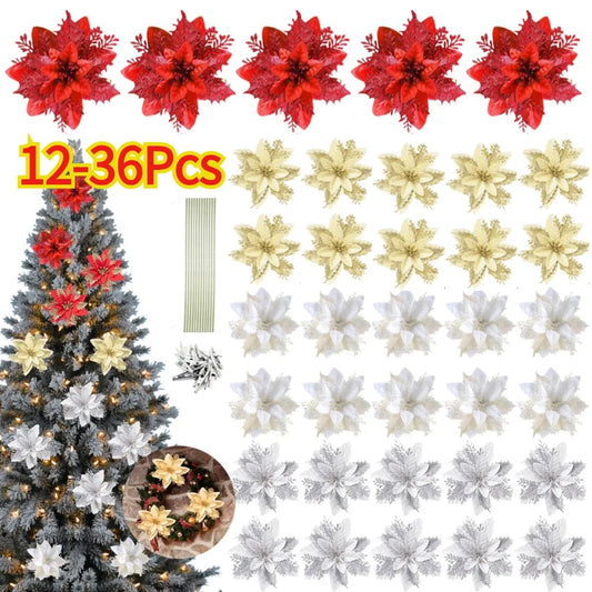 Glitter Poinsettia Christmas Tree Ornaments – 12/24/36PCS Red / 12pcs / United States