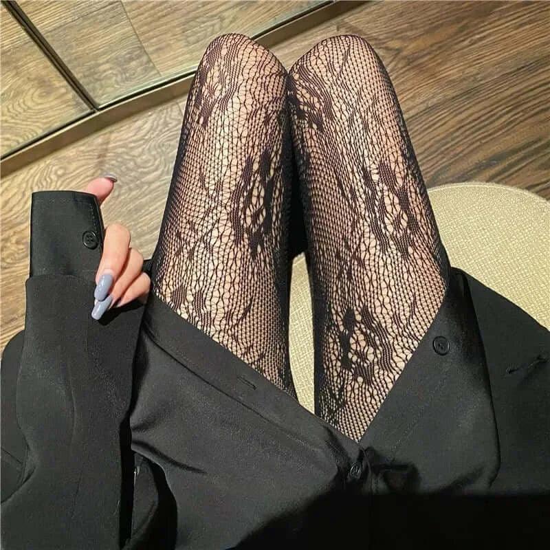 Hollowed Lace Mesh Stocking WHITE