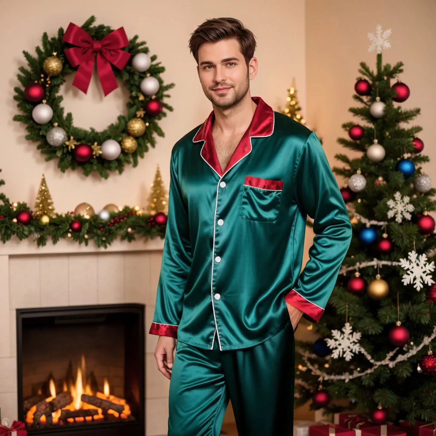 Silk Satin Christmas Family Pajamas Matching Sets Father-Dark Green / S / United States