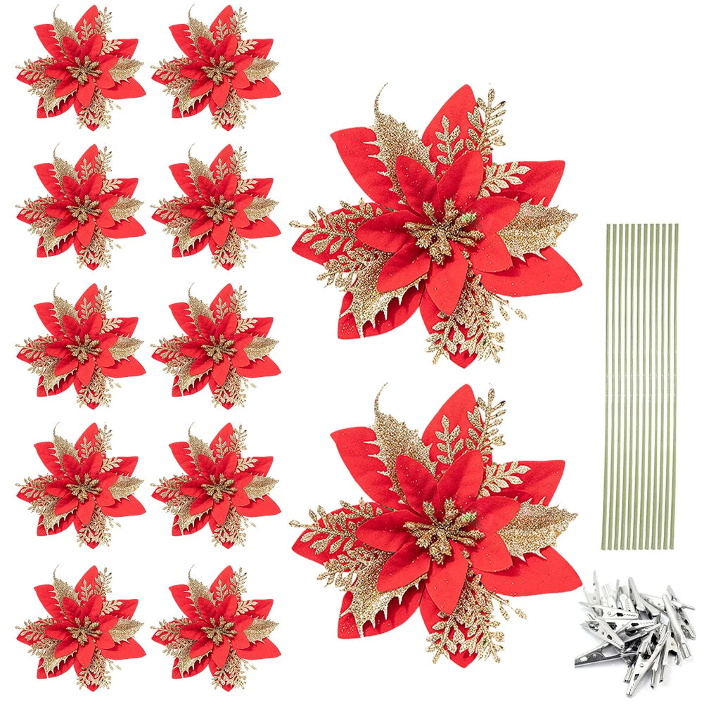 Glitter Poinsettia Christmas Tree Ornaments – 12/24/36PCS Red / 12pcs / United States