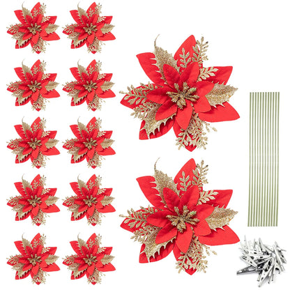 Glitter Poinsettia Christmas Tree Ornaments – 12/24/36PCS Red / 12pcs / United States