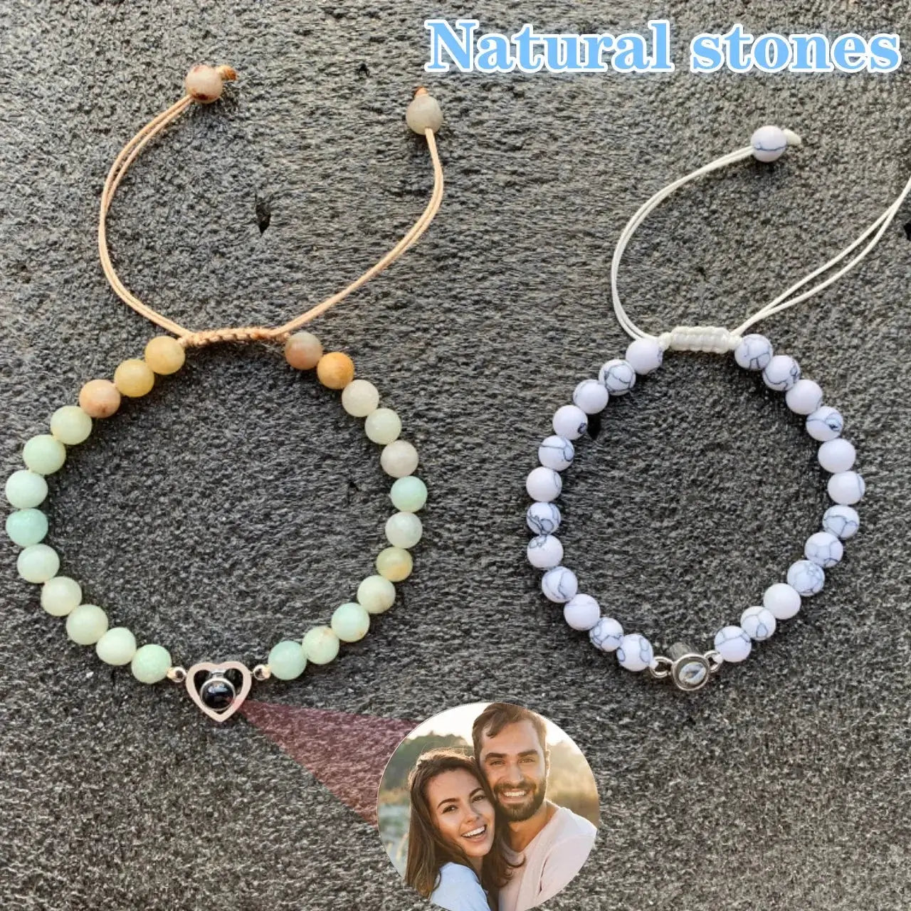 Shopminx Custom Projection Photo Bracelet 6mm Natural Stone Circle Pendant Heart 1 / Black Beads / United States
