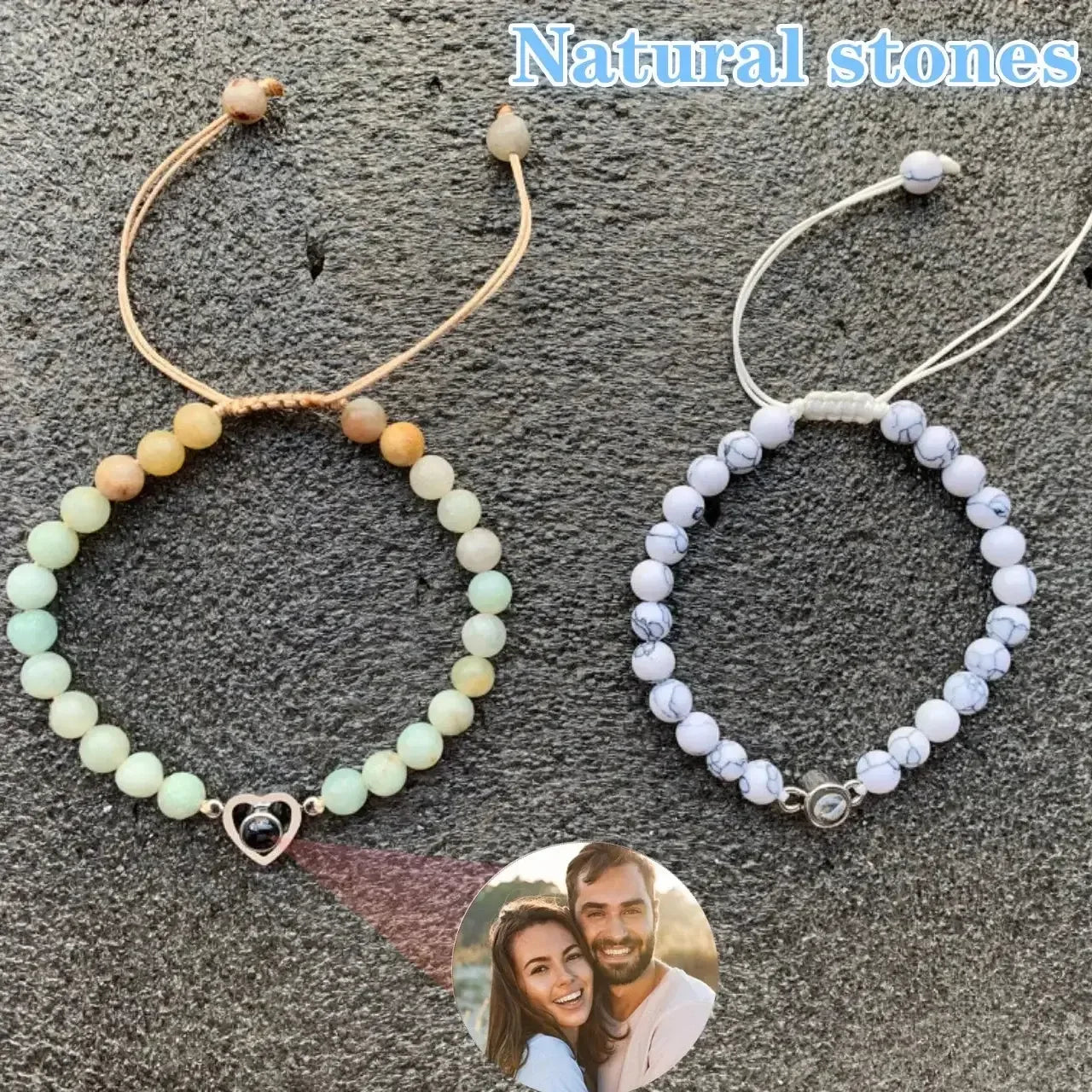 Custom Projection Photo Bracelet 6mm Natural Stone Circle Pendant Heart 1 / Black Beads / United States
