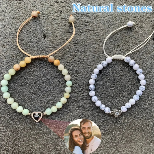Custom Projection Photo Bracelet 6mm Natural Stone Circle Pendant Heart 1 / Black Beads / United States