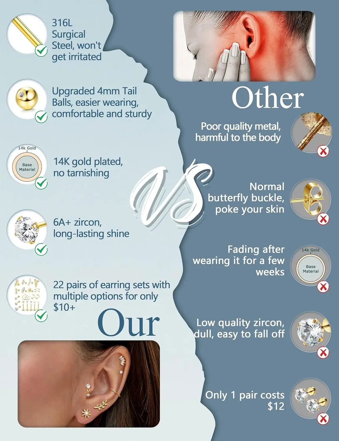 22-Piece 16G Cartilage Earrings Set for Women – Surgical Stainless Steel Helix & Nose Piercing Jewelry