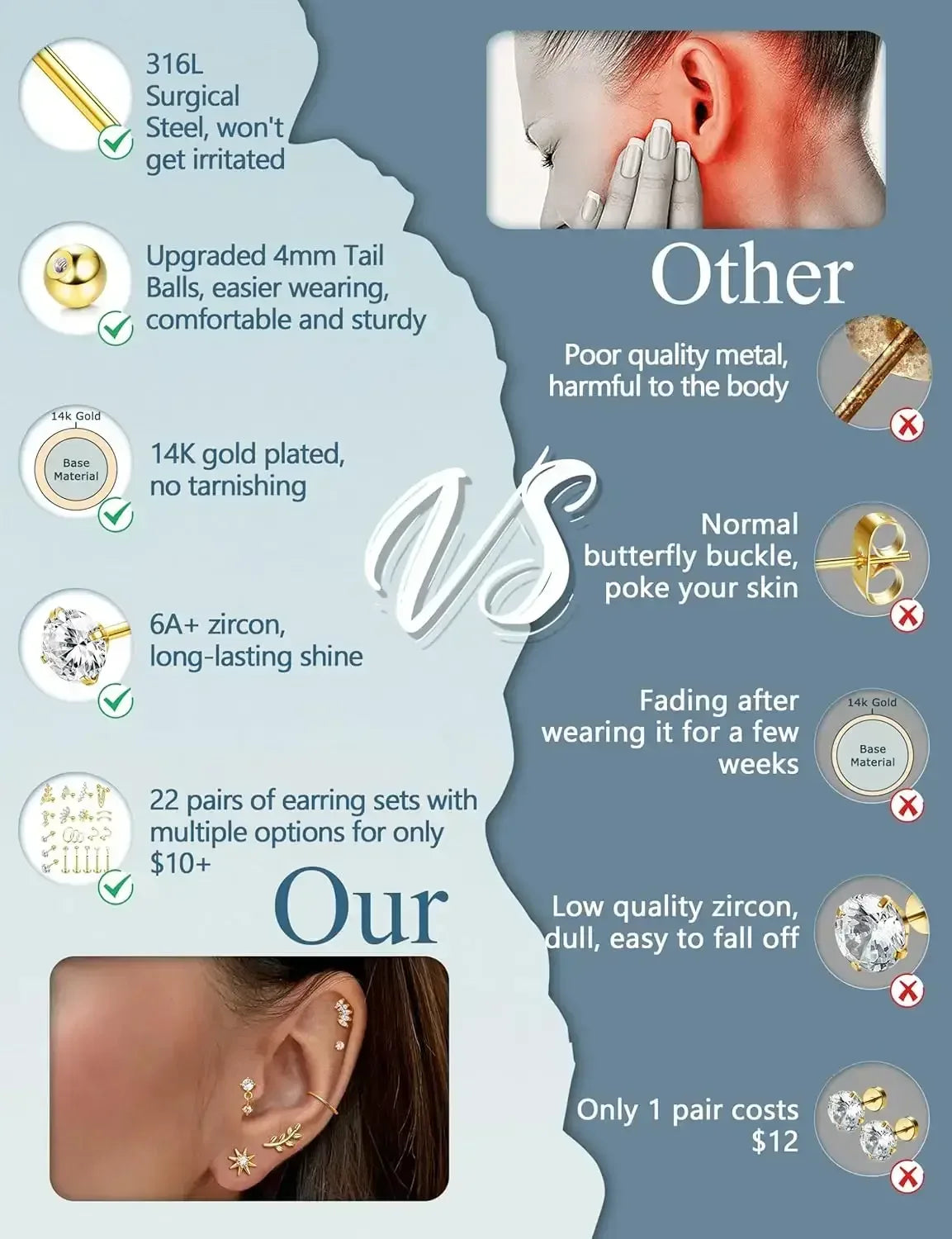 22-Piece 16G Cartilage Earring Set for Women–Surgical Stainless Steel United States / Silver