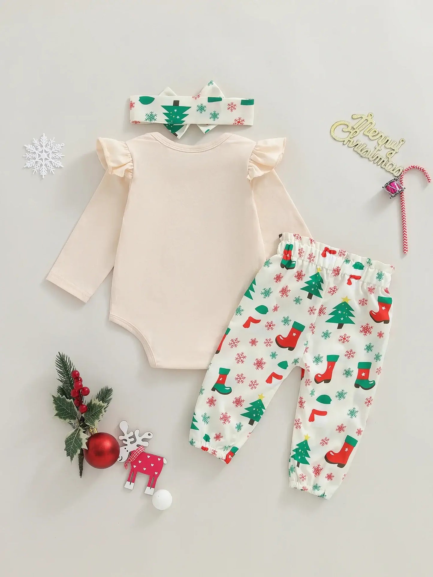 Christmas Baby Girl 3-Piece Outfit Khaki / 6-9 Months / United States