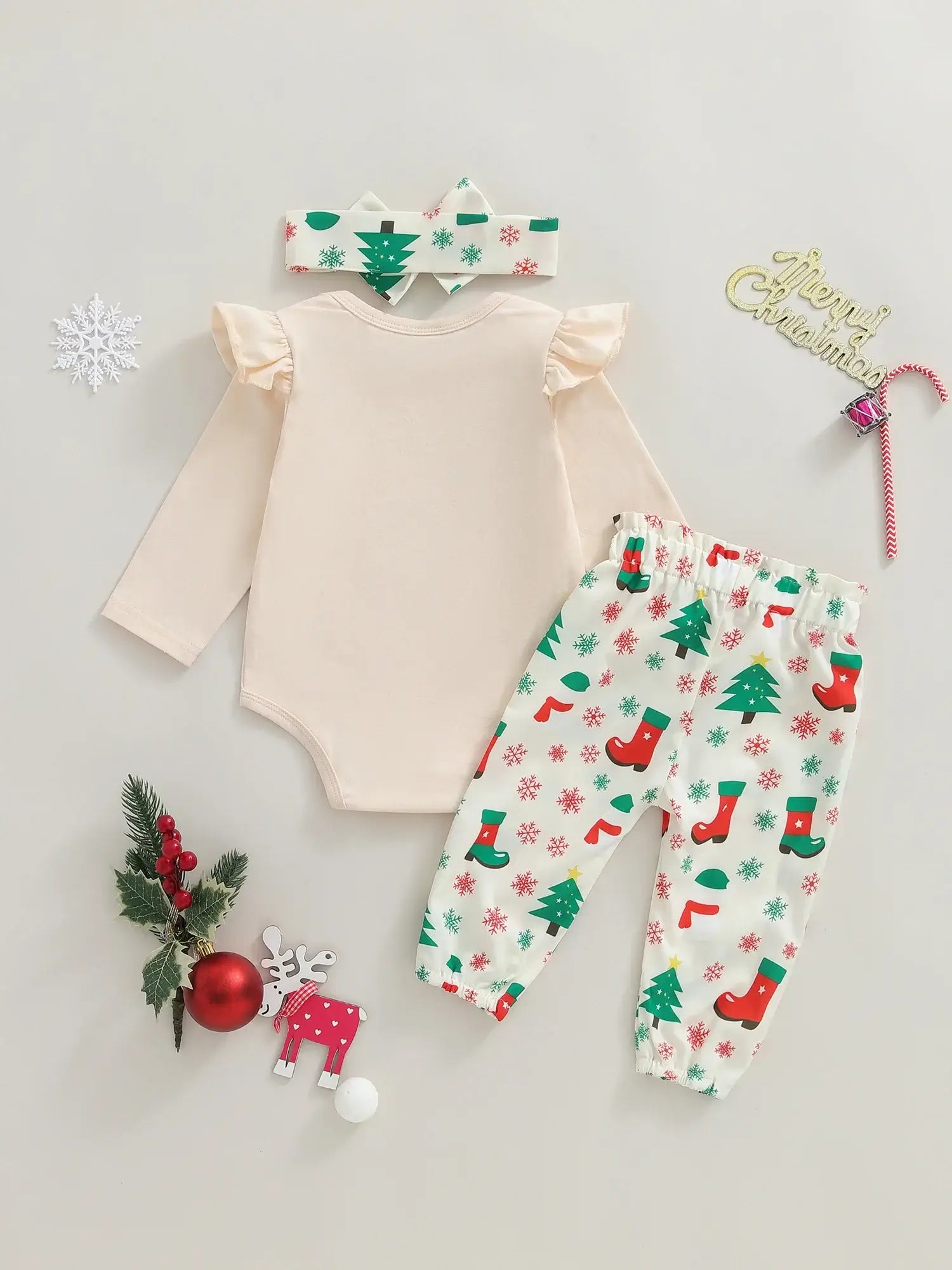 Christmas Baby Girl 3-Piece Outfit Khaki / 6-9 Months / United States