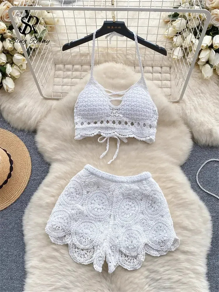 Knitted Two-Piece Beachwear Set white / One Size
