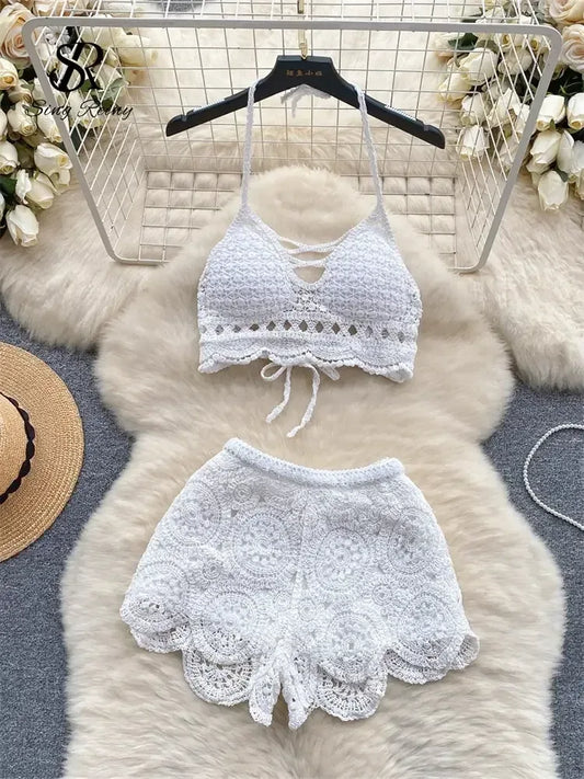 Knitted Two-Piece Beachwear Set white / One Size