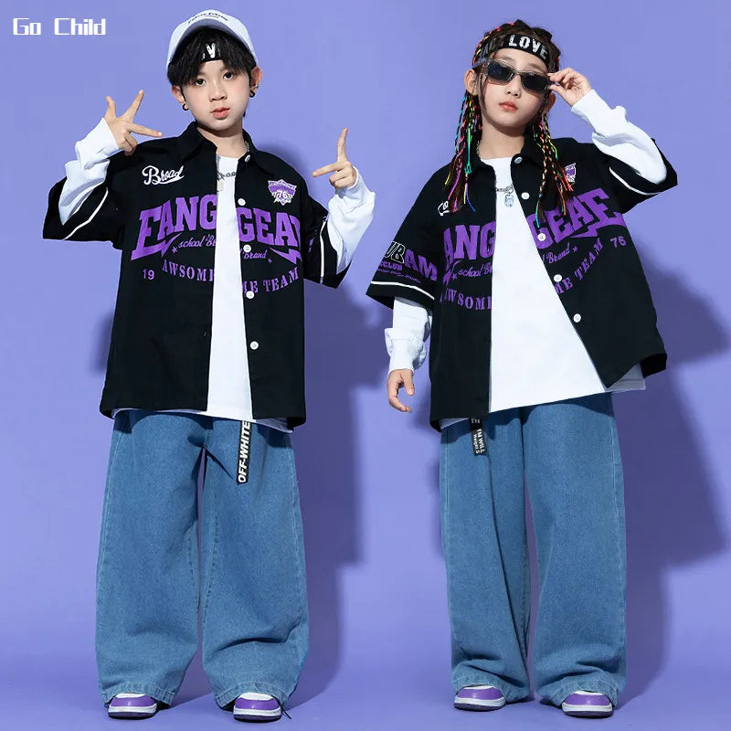 Boys Hip Hop Short Sleeve Shirt Baggy Jeans Girls Street Dance Jacket Loose Pants