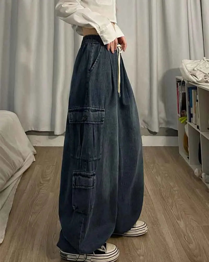 Elastic Waist Straight Wide Leg Pants Oversized Baggy Denim Trousers