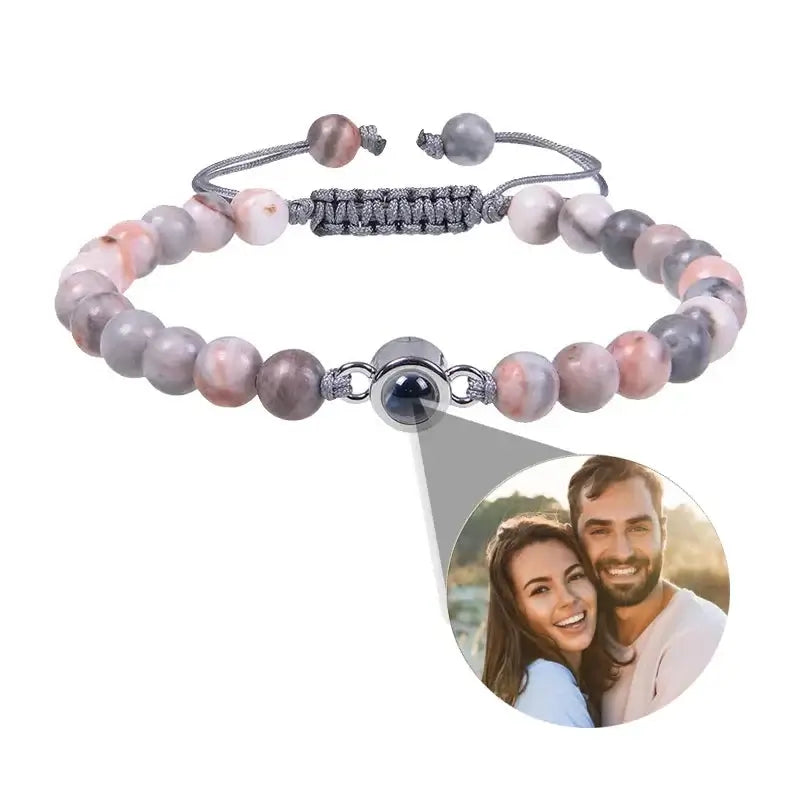 Shopminx Custom Projection Photo Bracelet 6mm Natural Stone Circle Pendant Round 1 / Silver Beads / United States