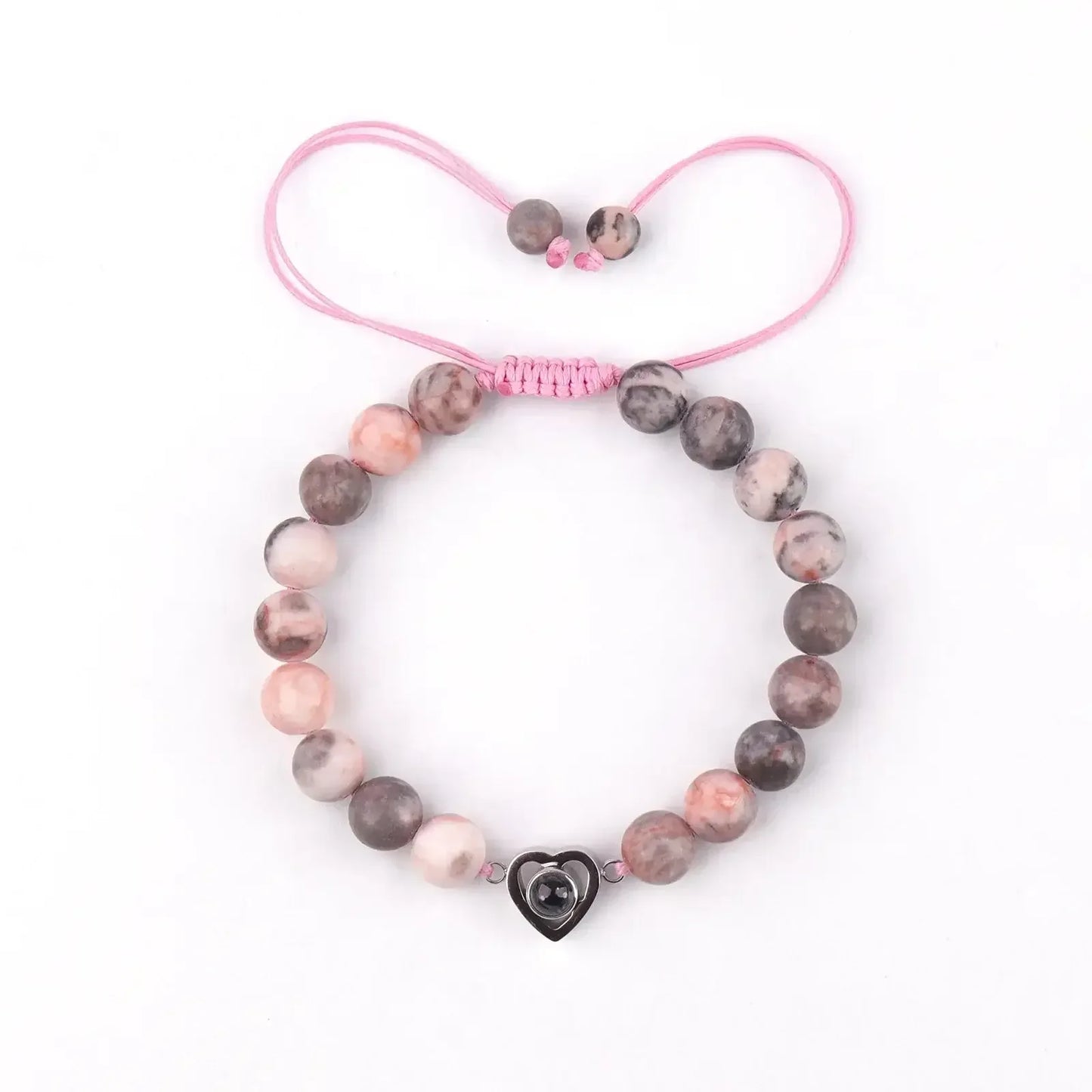 Custom Projection Photo Bracelet 6mm Natural Stone Circle Pendant Pink rope / Silver Beads / United States