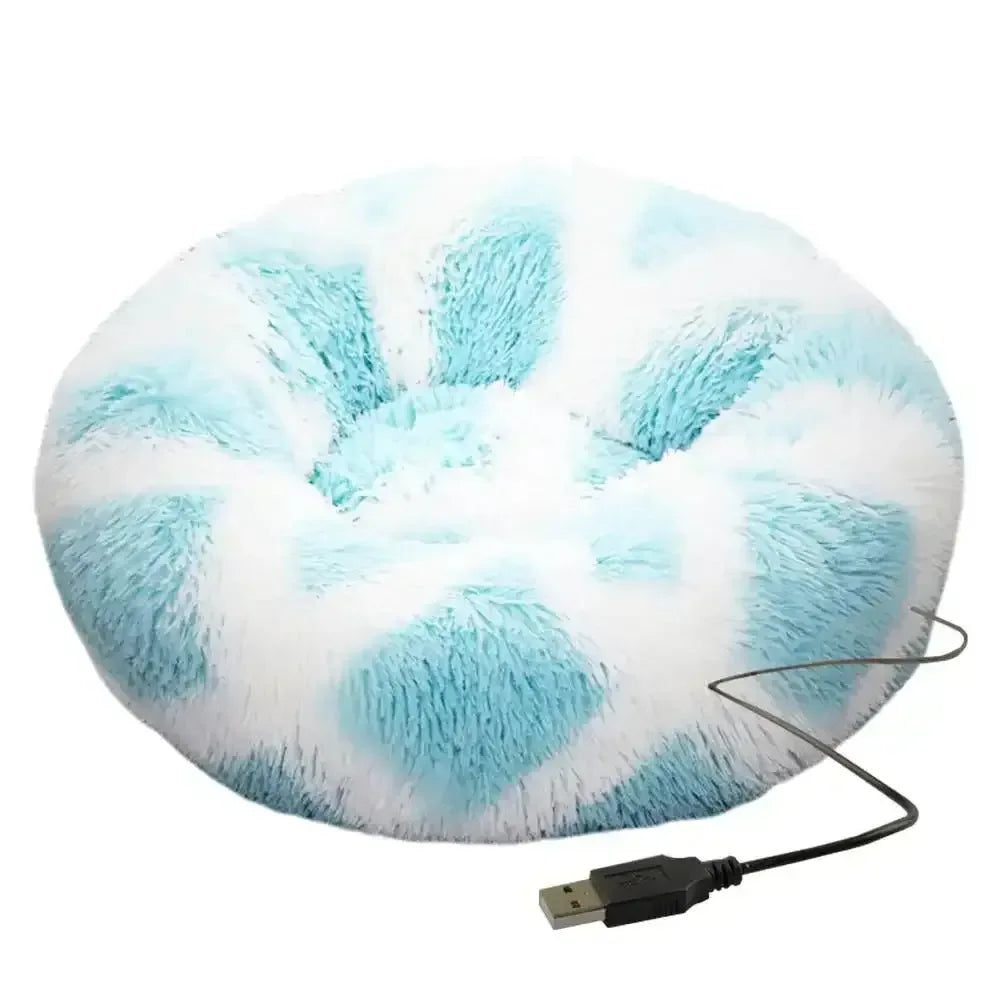 Round Dog Bed House Dog Mat Long Plush Cats Nest USB Heating Dog Basket Pet Cushion Soft Sleeping Pets Winter Warmth Supplies Gray / M / United States