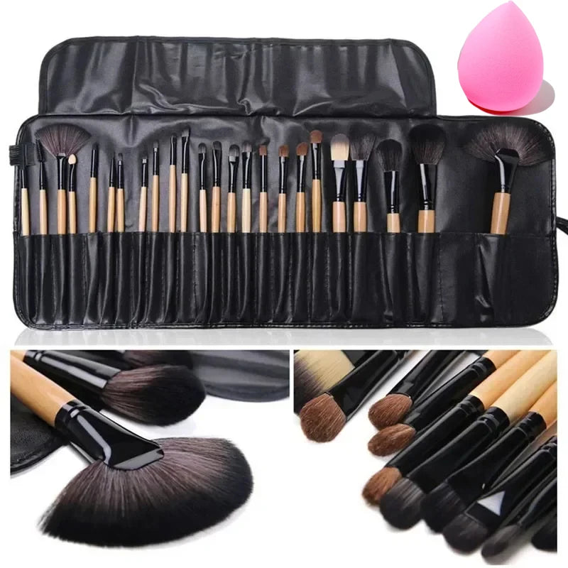 24-Piece Professional Makeup Brush Set with Free Gift Bag & Sponge