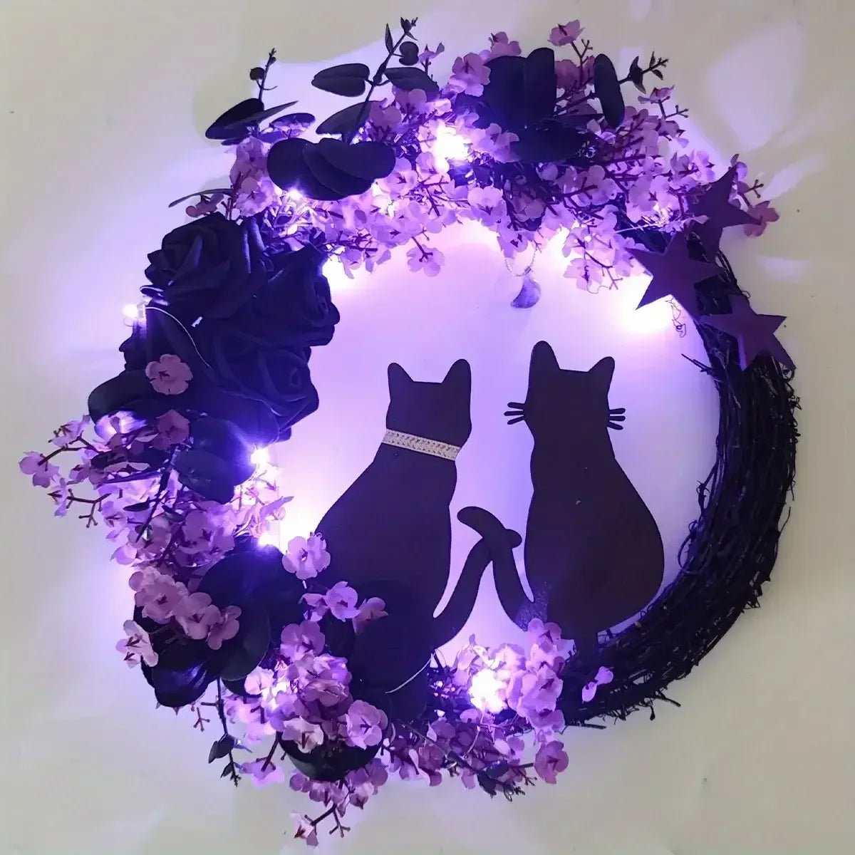 Black Cat Halloween Wreath – Crescent Spooky Front Door Décor White / United States