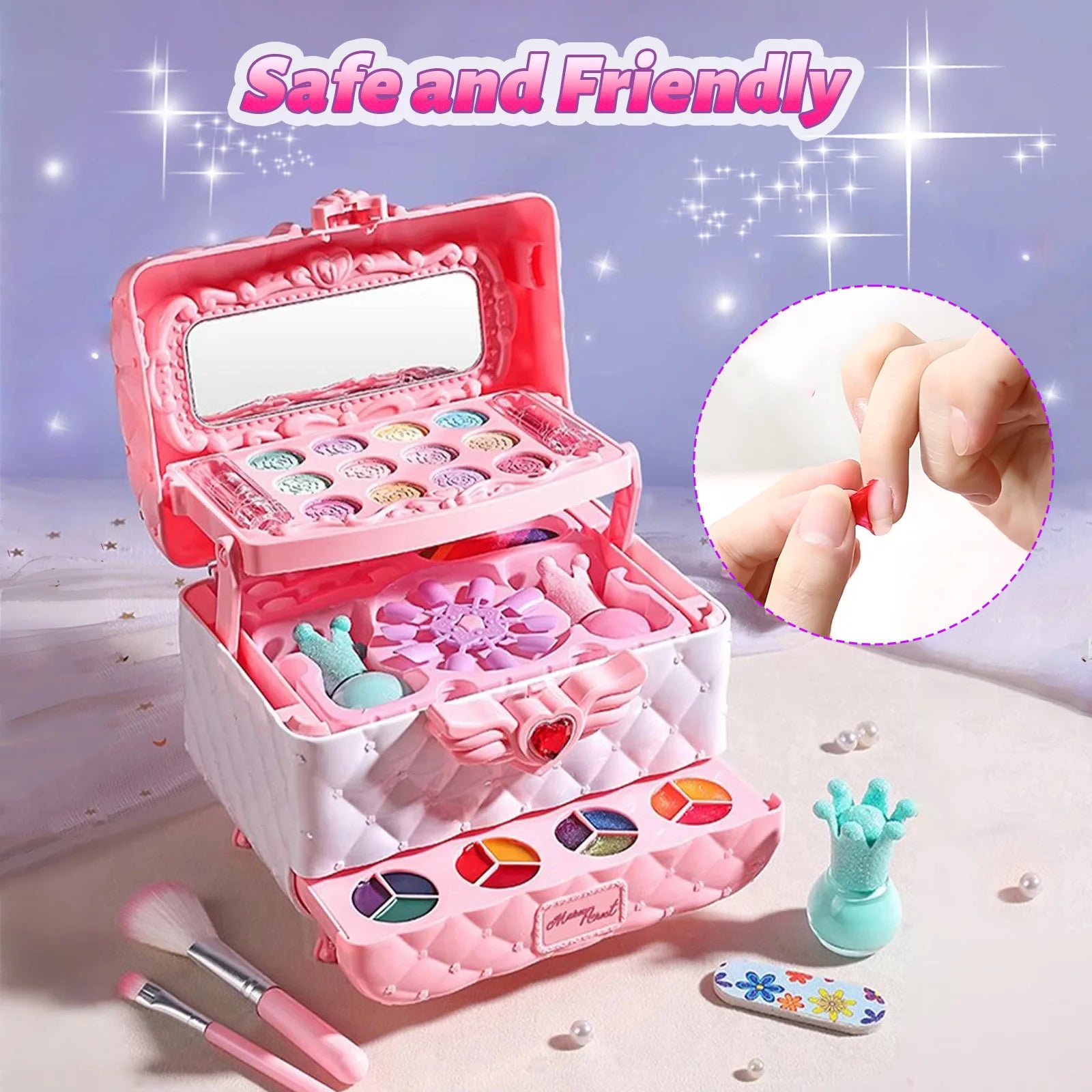 Kids Multi-Layer Foldable Makeup Set – 32-in-1 Pretend Play Cosmetic Kit with Storage Box