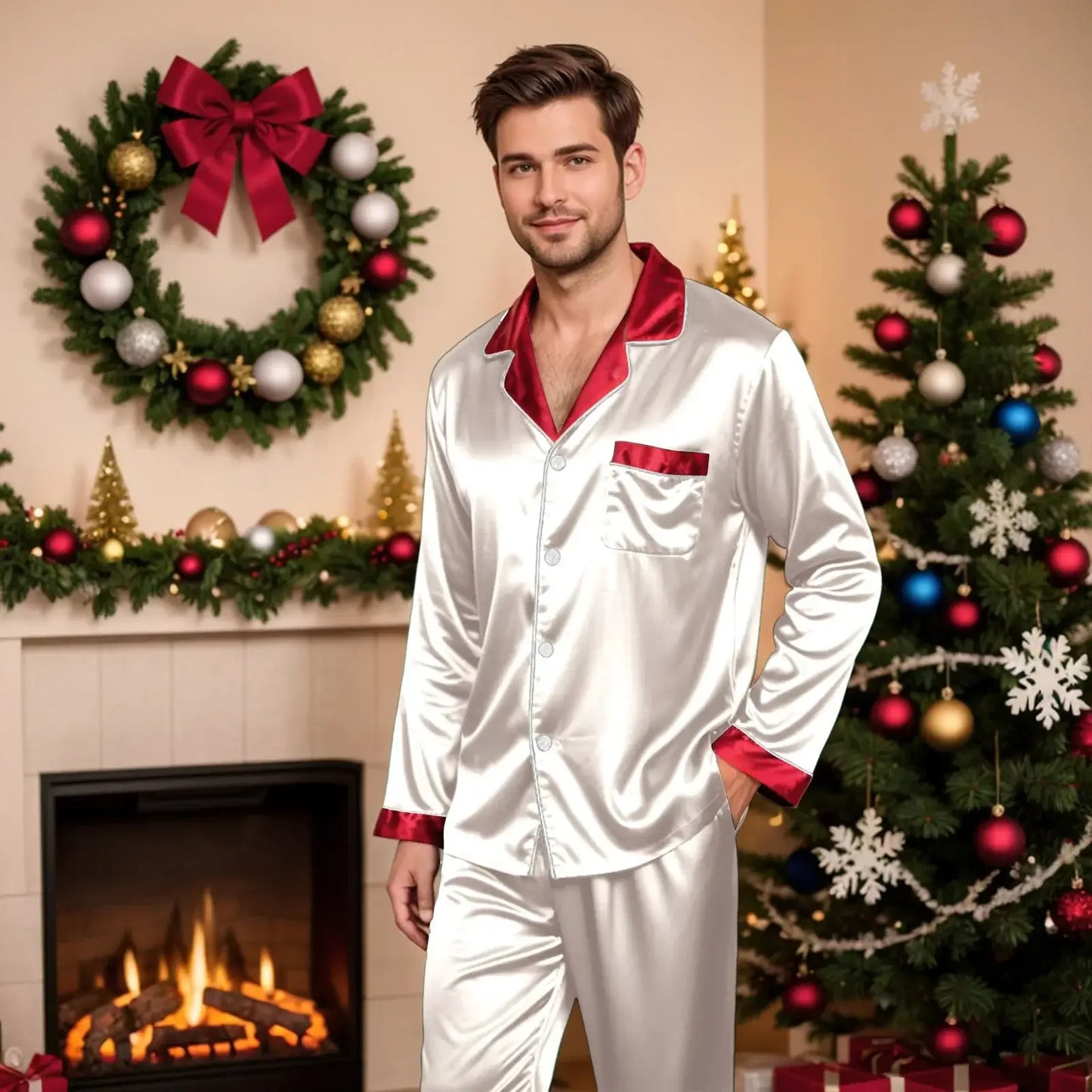 Silk Satin Christmas Family Pajamas Matching Sets Father-White 2 / 1XL / United States