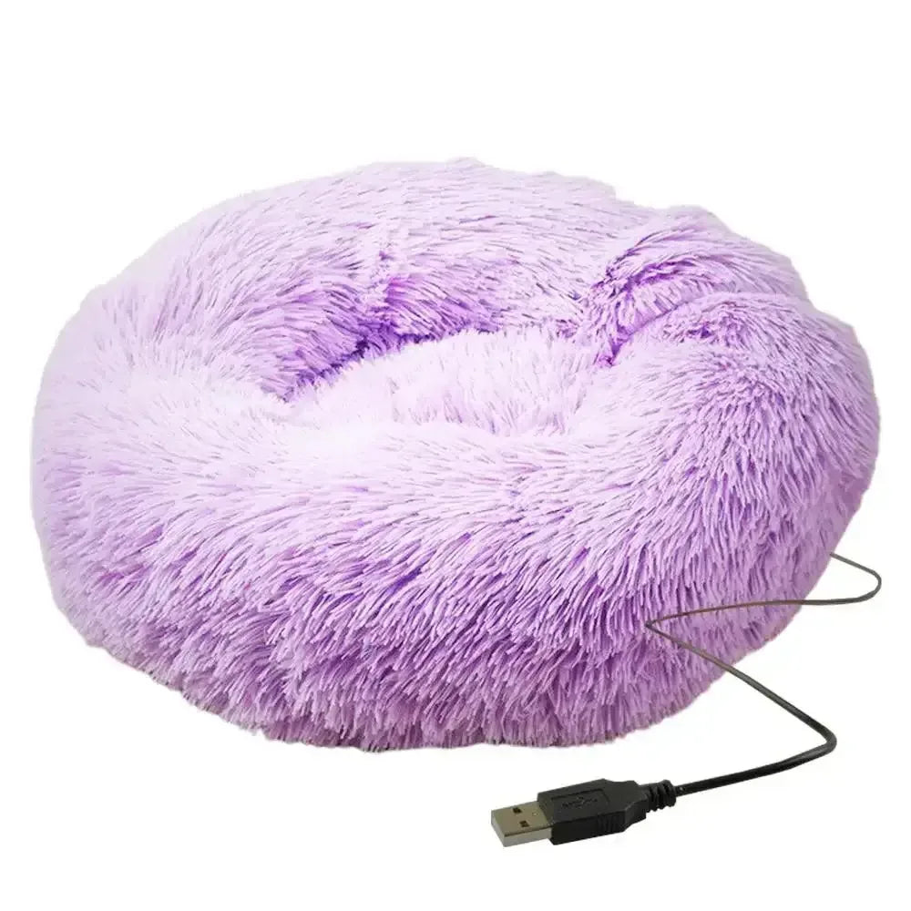 Round Dog Bed House Dog Mat Long Plush Cats Nest USB Heating Dog Basket Pet Cushion Soft Sleeping Pets Winter Warmth Supplies Gray / M / United States