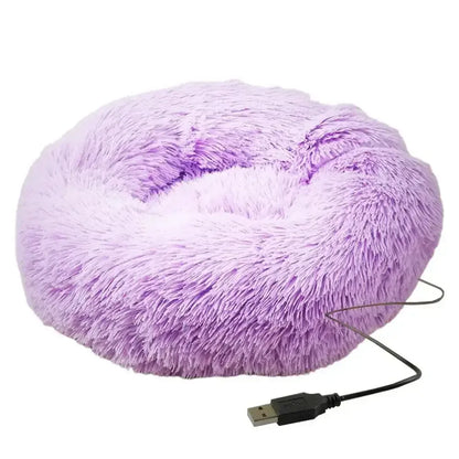 Round Dog Bed House Dog Mat Long Plush Cats Nest USB Heating Dog Basket Pet Cushion Soft Sleeping Pets Winter Warmth Supplies Gray / M / United States