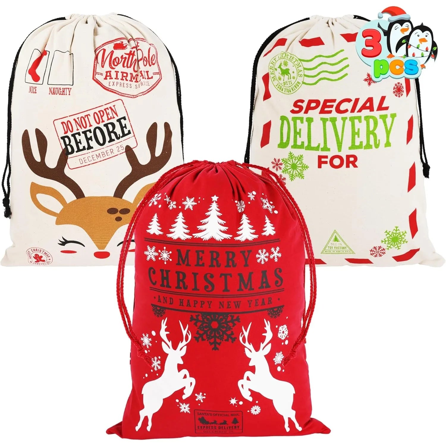 Pack Large Santa Sack Canvas Christmas Gift Bags with Drawstring