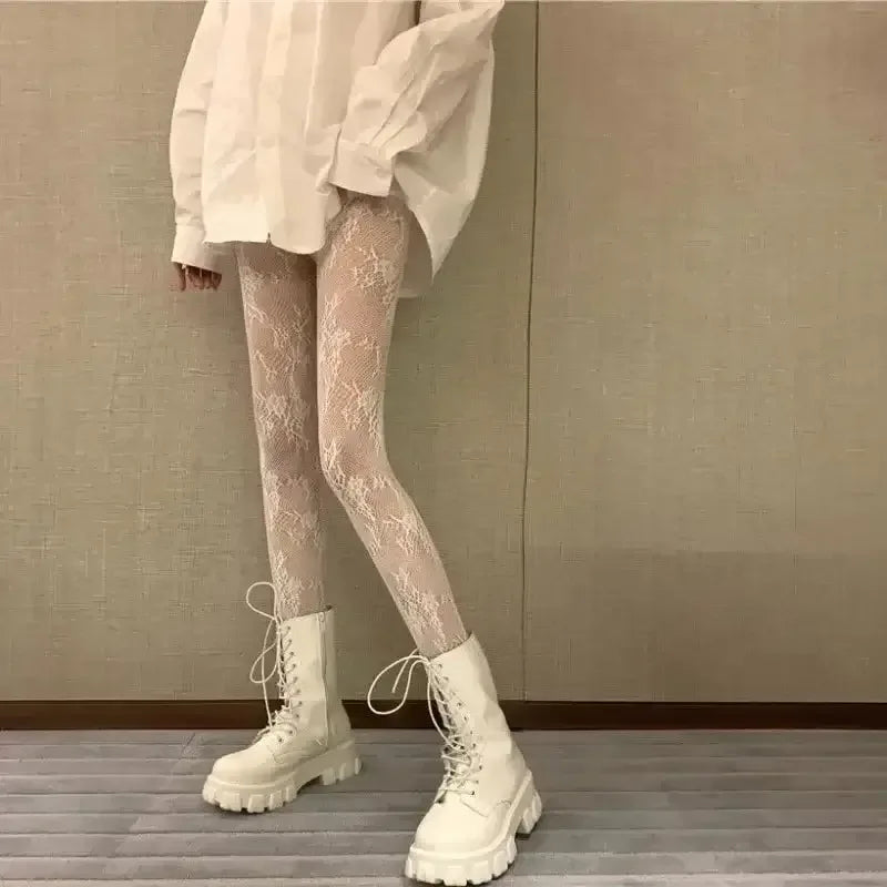 Hollowed Lace Mesh Stocking WHITE