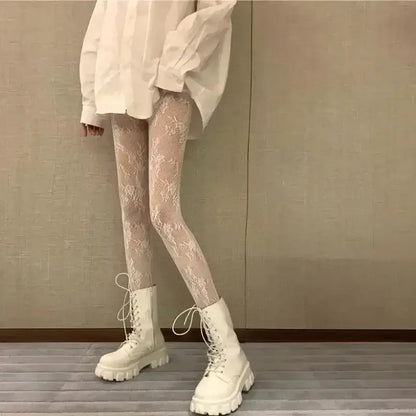 Hollowed Lace Mesh Stocking WHITE