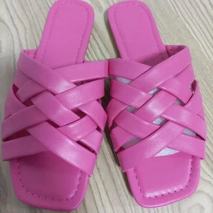 Summer Leather Flat Beach Slides Outdoor Casual Women Slippers Beige / 7.5
