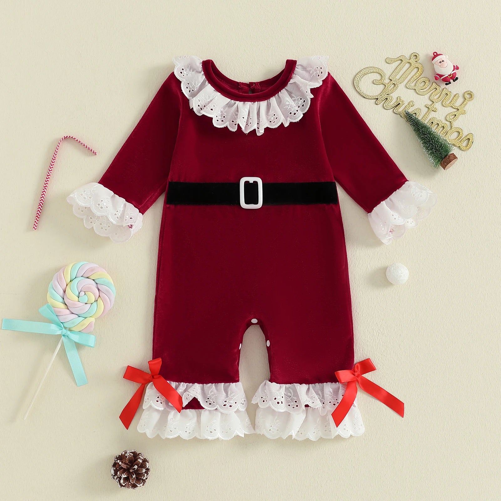 Baby Girls Christmas Velvet Romper – Long Sleeve Santa Jumpsuit
