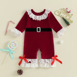 Baby Girls Christmas Velvet Romper – Long Sleeve Santa Jumpsuit