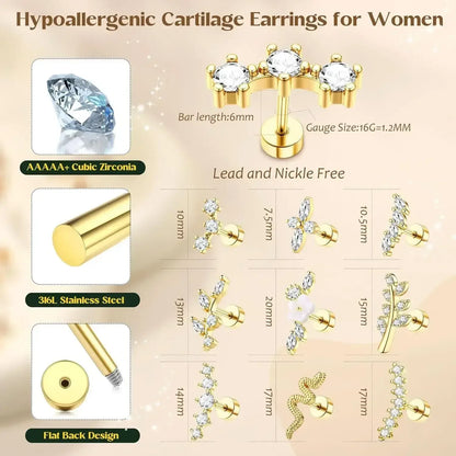 9PCS Surgical Stainless Steel Cartilage Earrings Set – CZ Flat Back Studs for Helix, Daith, Tragus Piercing United States / 18G / Gold
