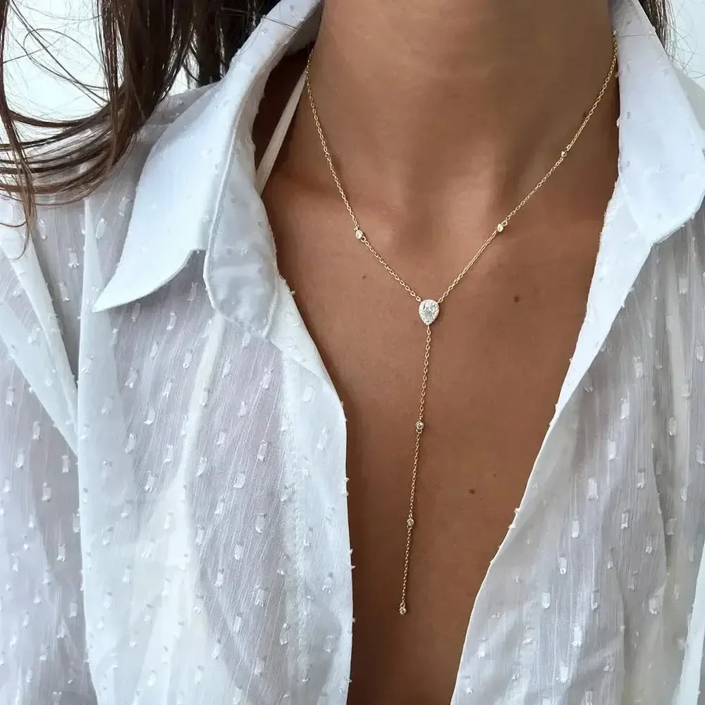 Emerald Green Teardrop Lariat Necklace Minimalist Y Drop Pendant for Women Silver green / United States