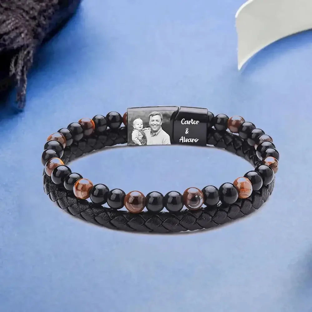 Personalize Men Photo Bracelets with Beads 2 Names Color B