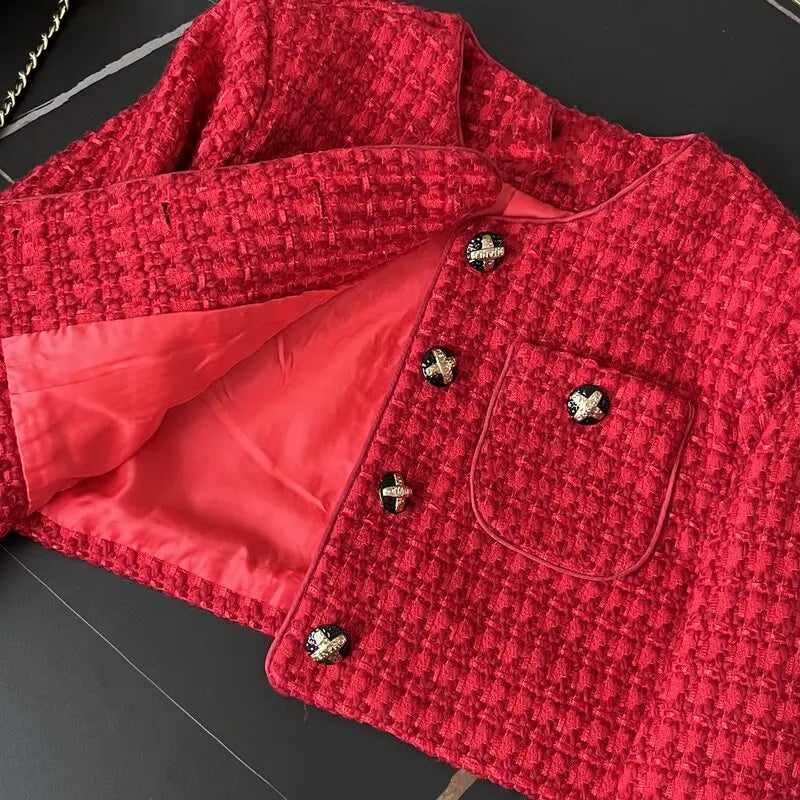 Single Breasted Tweed Weave Cropped Tops