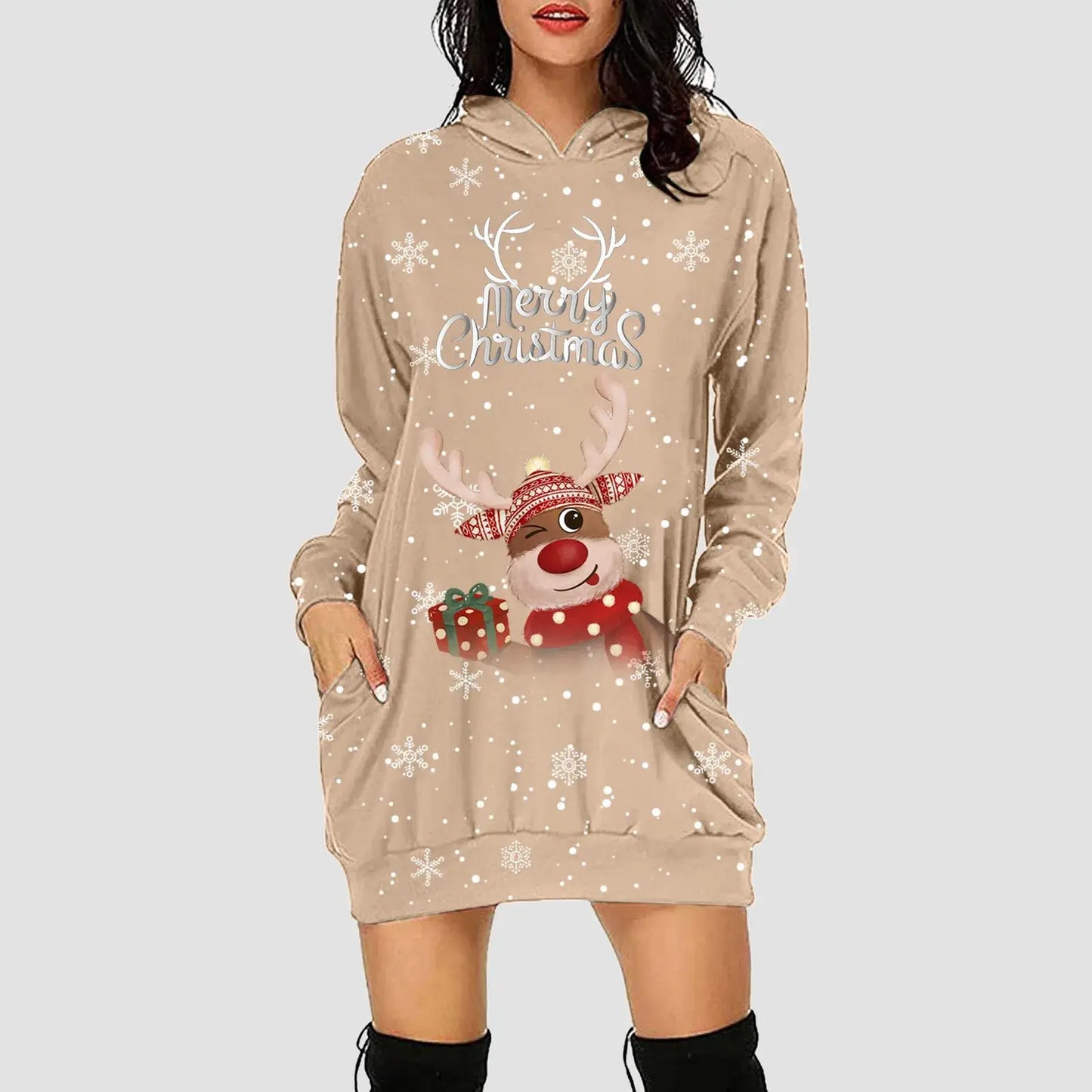 Women & Girls Christmas Sweatshirt Dress – Snowflakes & Reindeer Print, Long Sleeve Khaki / L / United States