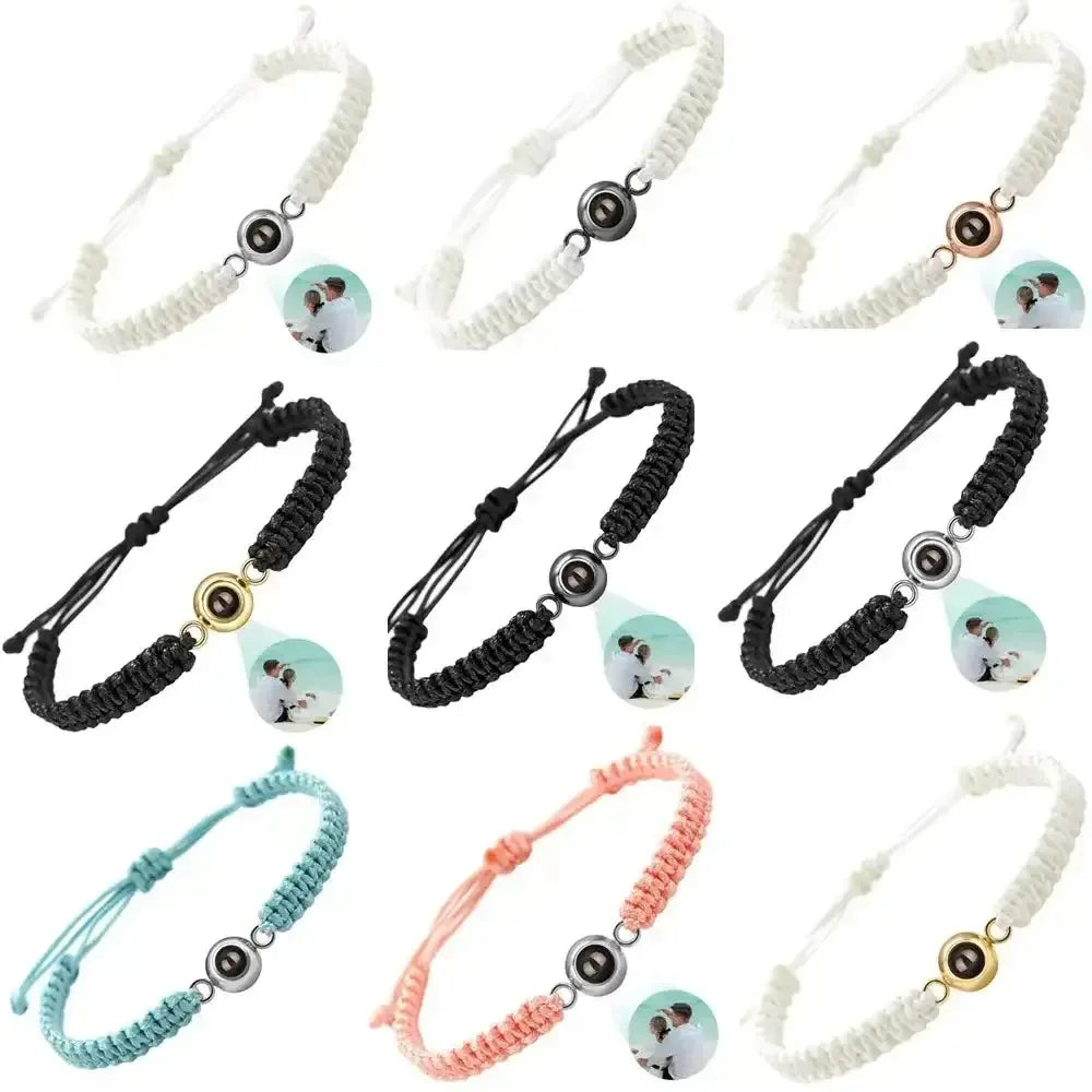 Photo Projection Bracelet – Personalized Heart Charm Woven Rope Chain pink rope / Adjustable / rose gold beads