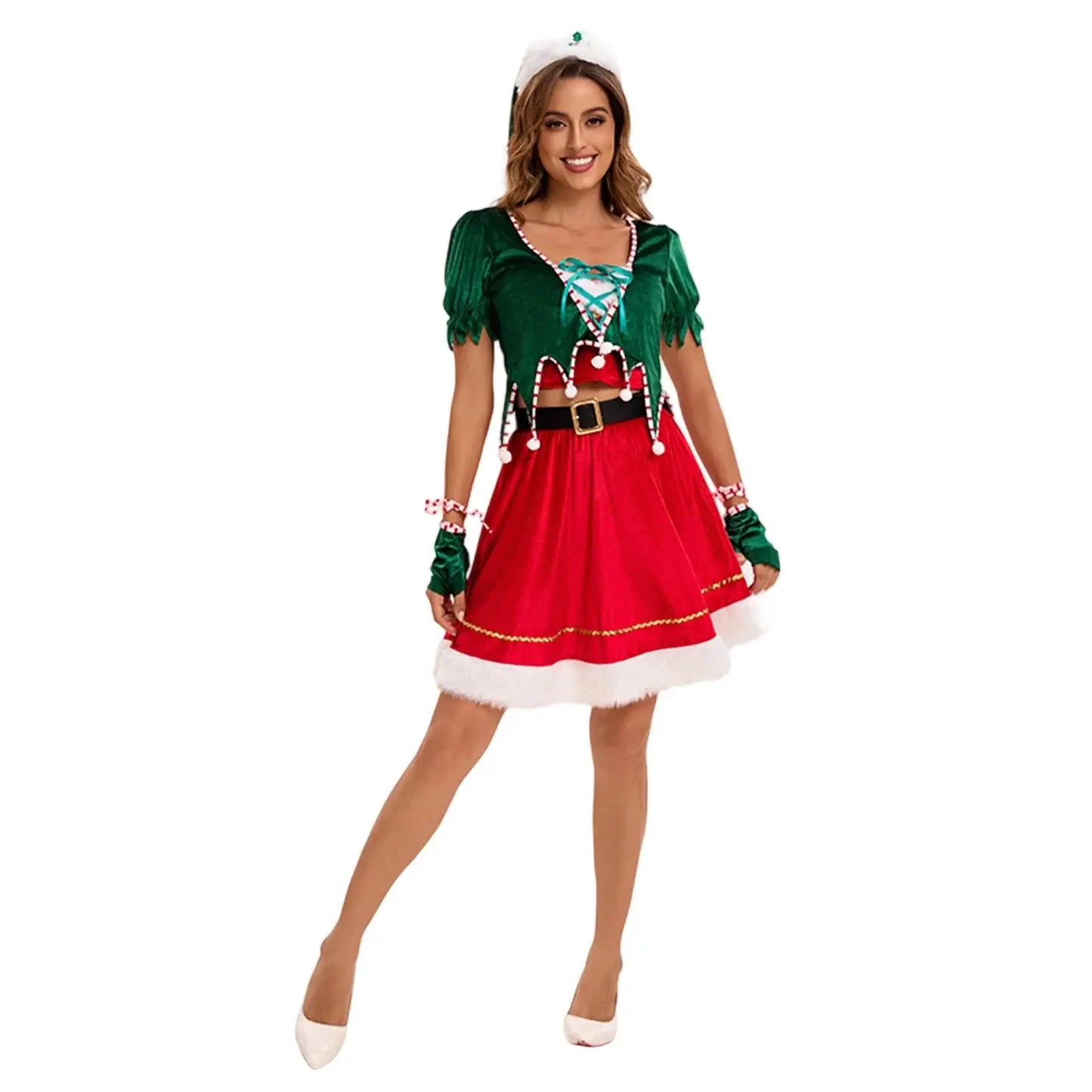 Women’s Christmas Costume Set – Santa Dress with Hat, Belt & Gloves