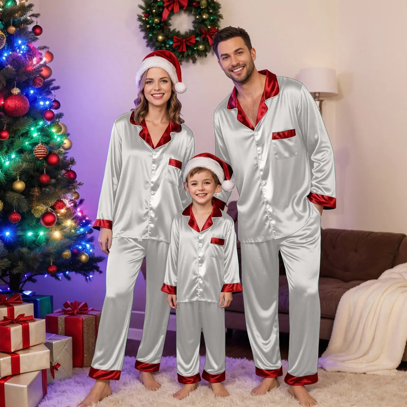 Silk Satin Christmas Family Pajamas Matching Sets Mother-Dark Green / S / United States