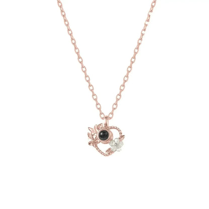 925 Silver Heart Projection Necklace Custom Photo Flower Pendant for Women Rose Gold / Copper / 50cm