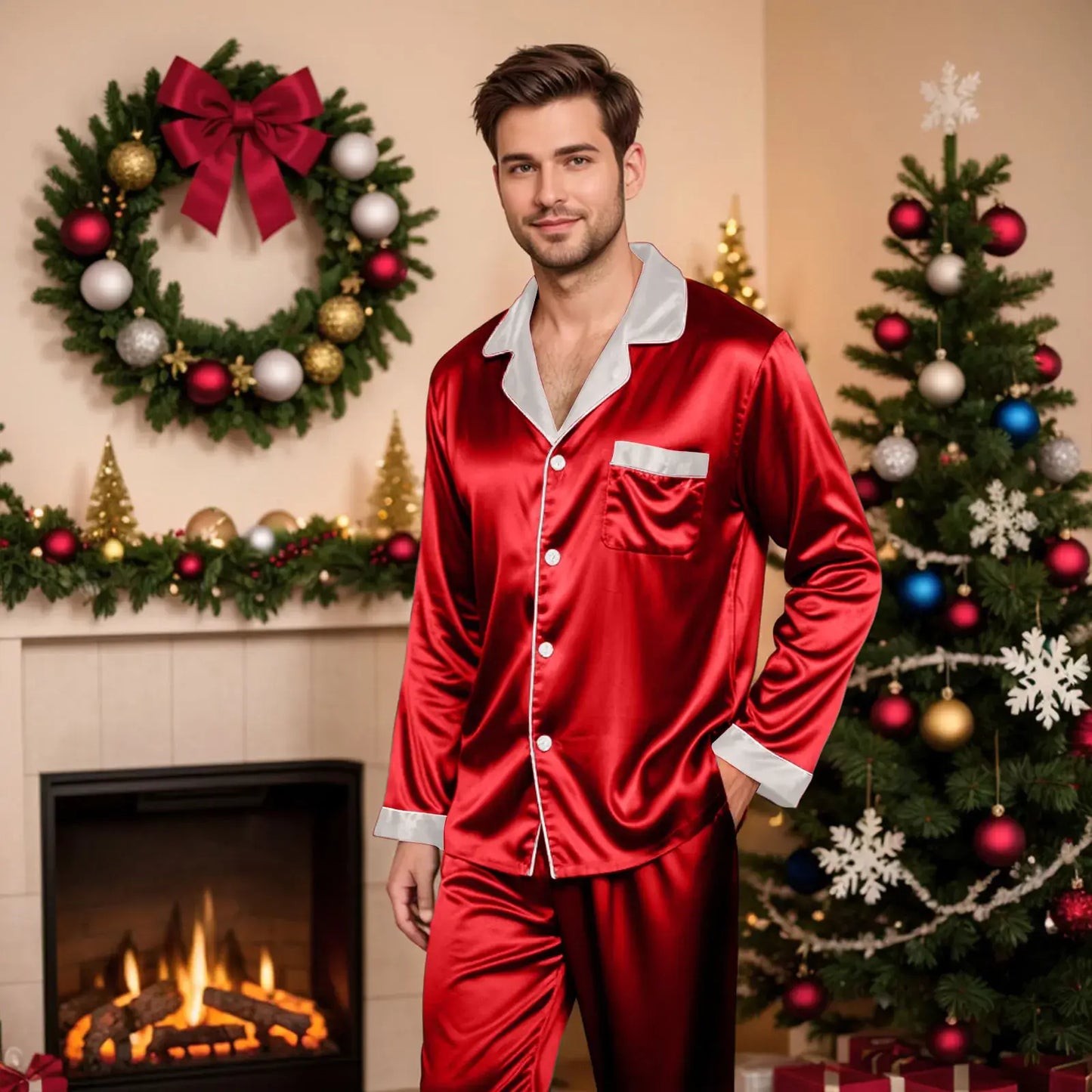 Silk Satin Christmas Family Pajamas Matching Sets Father-Red / M / United States