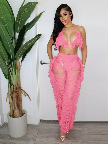 Crochet Beach Wear Set Pink / S